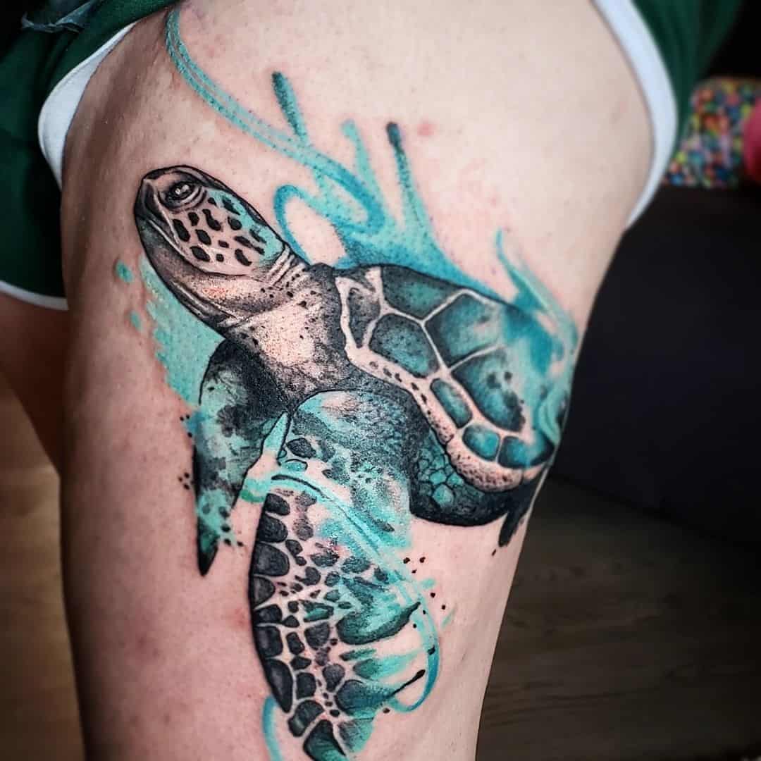 Microrealistic turtle tattoo located on the ankle